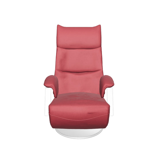 Ein roter Relaxsessel aus Leder mit gepolsterten Armlehnen und metallischem, flachen Fuß