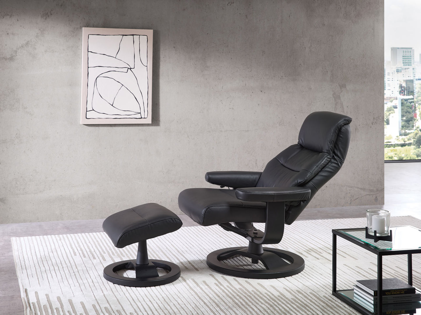 Relaxsessel inkl. Hocker "MRS 715" mit Liegeposition Leder schwarz