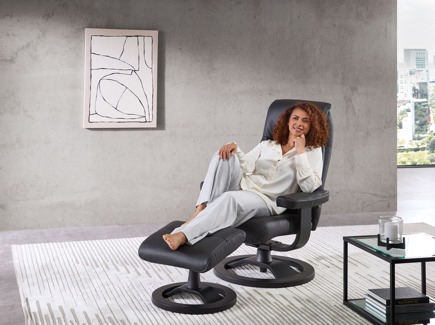 Relaxsessel inkl. Hocker "MRS 715" mit Liegeposition Leder schwarz