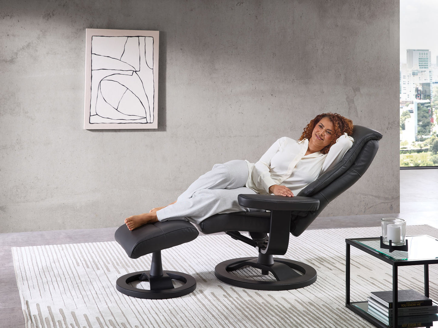 Relaxsessel inkl. Hocker "MRS 715" mit Liegeposition Leder schwarz