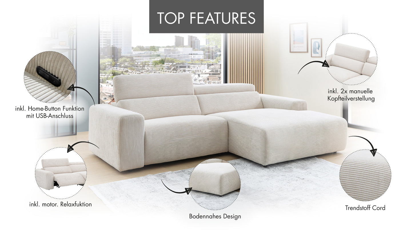 Ecksofa MRS 5600 mit motor. XXL-Relaxfunktion Cord