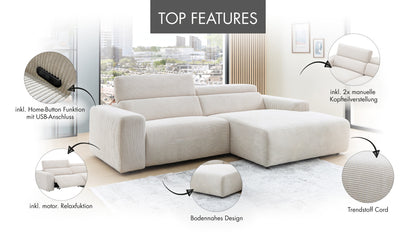 Ecksofa MRS 5600 mit motor. XXL-Relaxfunktion Cord