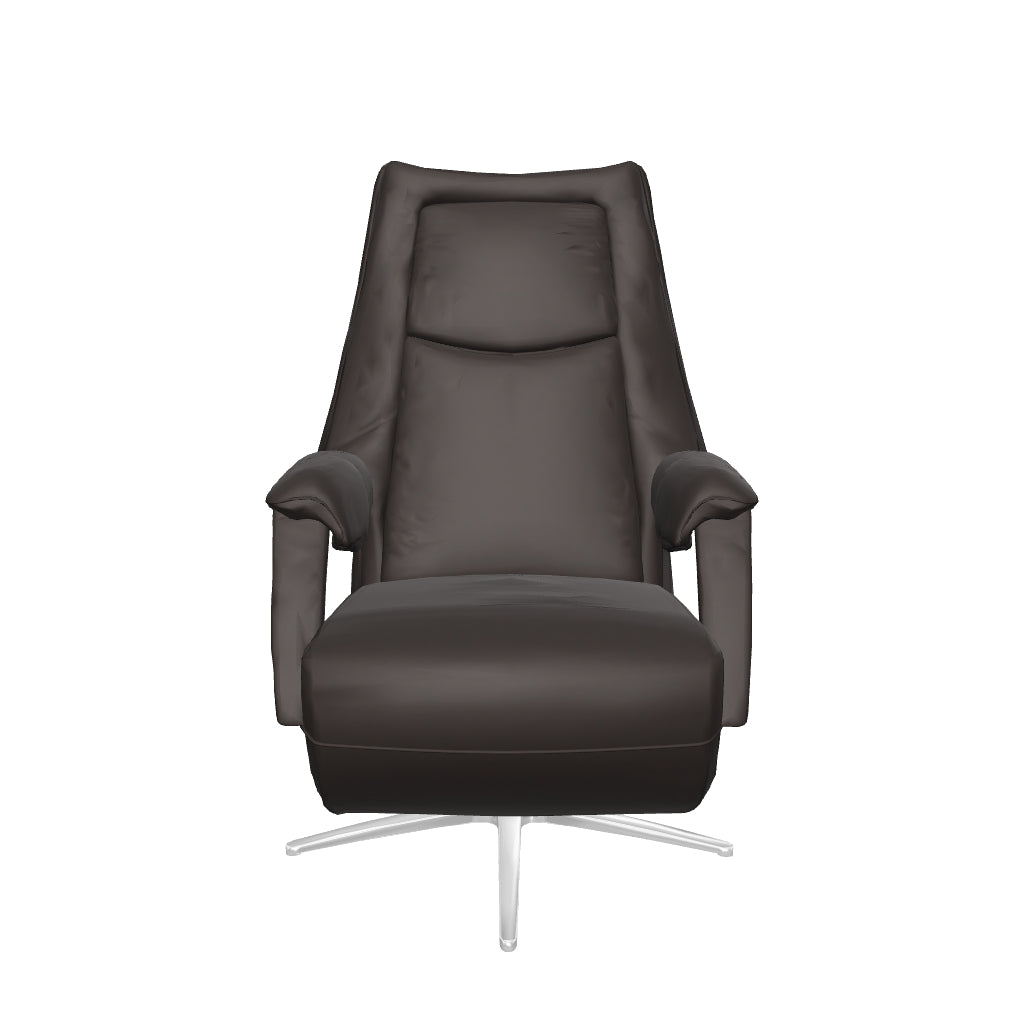 Ein dunkelbrauner Relaxsessel aus Leder in modernem Design. Der Fuß des Sessels ist sternförmig und die Armlehnen sind gepolstert