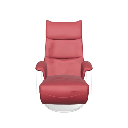 Ein roter Relaxsessel aus Leder mit gepolsterten Armlehnen und metallischem, flachen Fuß